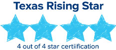 Texas Rising Star: 4-star certification, quality Infant Care & After School programs.